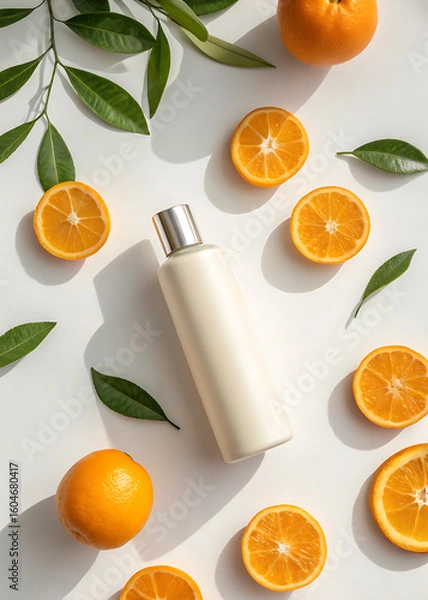 Fototapeta Refreshing citrus skincare product surrounded by fresh oranges and green leaves