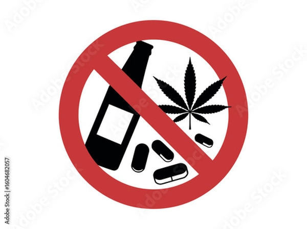 Fototapeta Red prohibition sign with a graphic of a bottle, marijuana leaf, and pills. Say no to substance abuse with this bold prohibition sign featuring alcohol, drugs, and marijuana. 