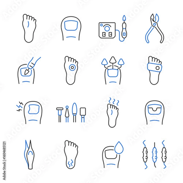 Fototapeta Podiatry line icon set. Podology color collection with sole, toe, pedicure machine, callus, ingrown toenail, nail fungus, nippers. Vector illustration.