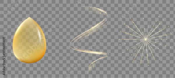 Fototapeta Golden Cosmetic Elements Set. Serum Drop, Light Swirl And Sparkle Effect