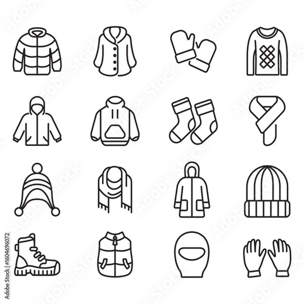 Fototapeta A collection of winter clothing icons. Thin line vectors. Contains icons such as sweaters, gloves, jackets, and more.