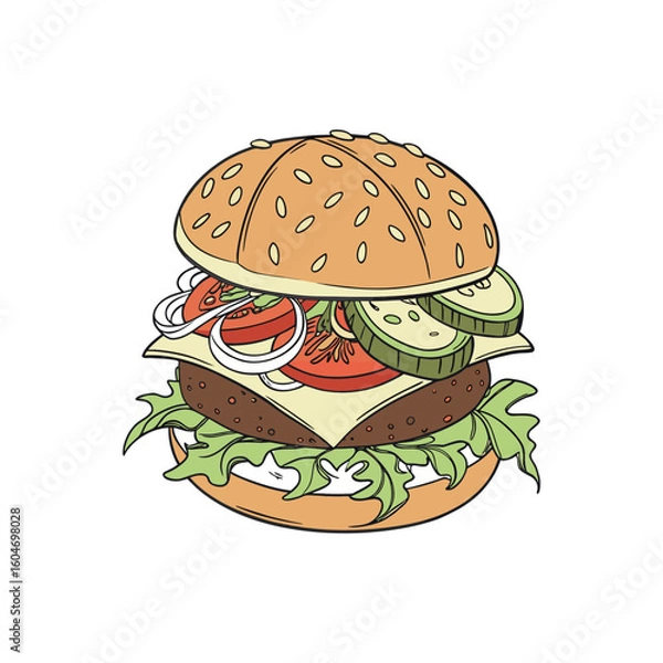 Fototapeta A delicious beef cheeseburger with sesame bun, fresh lettuce, and tomato, isolated on white, perfect for a fast food lunch or dinner EPS file download.

