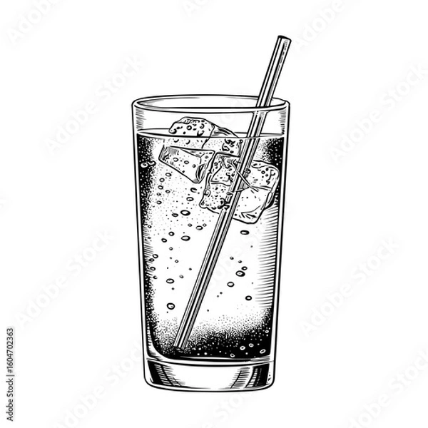 Fototapeta Highball glass with ice cubes and straw filled with bubbly drink  