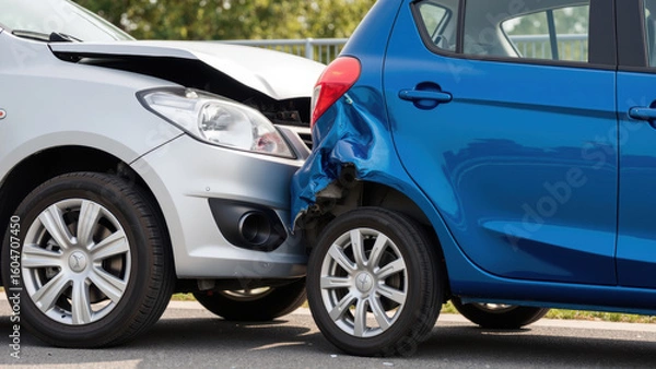 Obraz Damaged vehicles minor collision, showcasing silver car with crumpled front and blue car with dented rear. scene highlights aftermath of accident