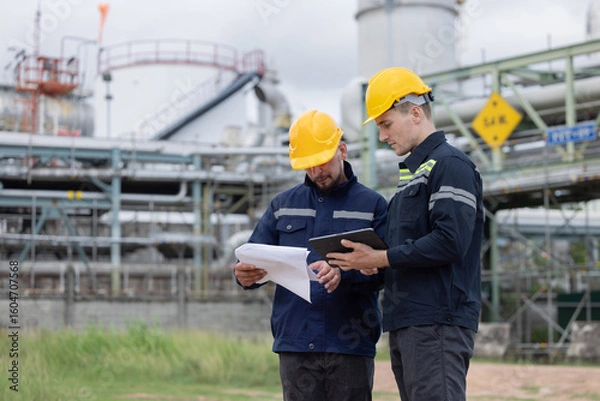 Fototapeta Petroleum engineers working at oil refinery site