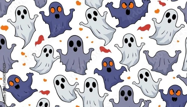 Fototapeta Spooky Halloween ghost seamless pattern  Vector cartoon doodle illustration, white background, perfect for gift wrap, whimsical, fall