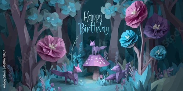 Fototapeta  Magical forest birthday celebration with cute foxes, colorful mushrooms and fairy tale atmosphere. Perfect for children's party invitations, greeting cards and fantasy-themed designs