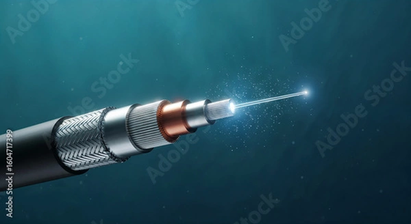 Fototapeta 3D Render of Submarine Fiber Optic Cable with Braided Shield and Glowing Signal Core Underwater.