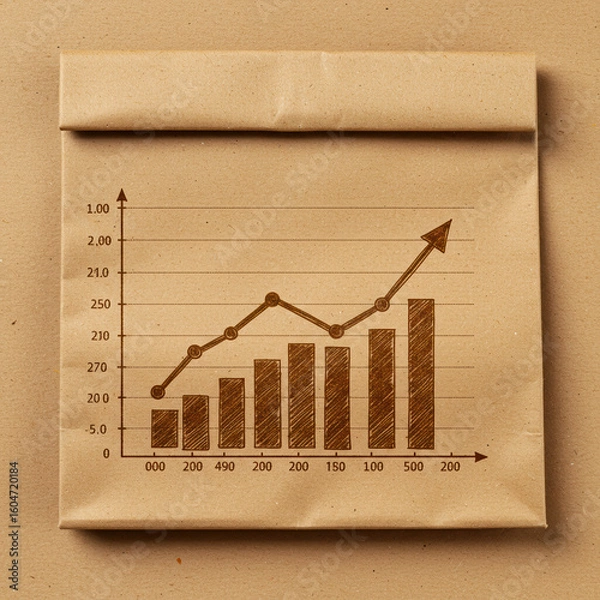 Fototapeta Gritty hand drawn illustration of an optimistic business growth graph on brown paper. financial chart showing upward progress and success, symbolizing positive achievement and analysis