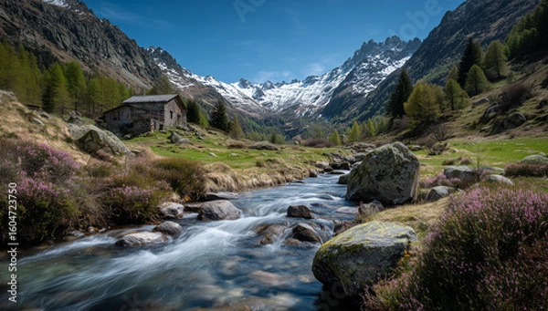 Fototapeta Picturesque Mountain Stream with Rustic Alpine Cabin