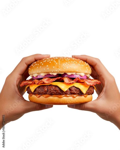 Obraz Realistic Cheeseburger with Bacon Held by Hands – Transparent Background PNG