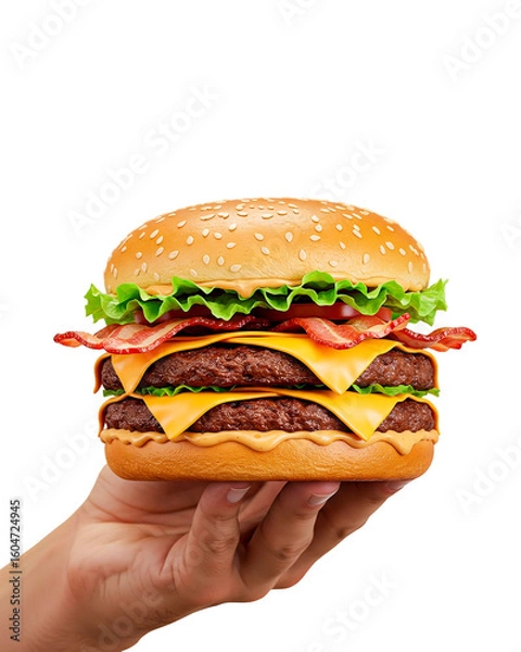Obraz Realistic Cheeseburger with Bacon Held by Hands – Transparent Background PNG