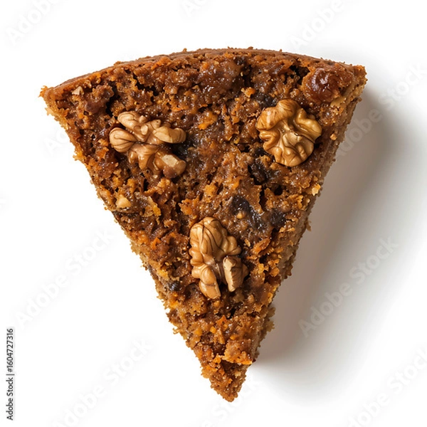 Fototapeta Slice of Walnut-Embedded Carrot Cake on White Background
