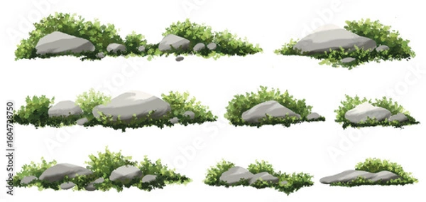 Fototapeta  Vector watercolor green  tree with rock or forest side view isolated on white background for landscape and architecture drawing,elements for environment or and garden,Shrub for section 
