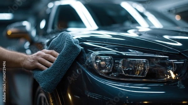 Obraz A person is polishing the front headlight and hood of a shiny black car with a microfiber cloth in a dimly lit environment.