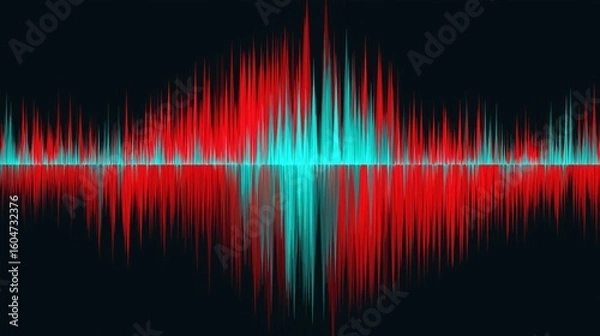 Fototapeta Abstract sound wave pattern with sharp edges and clean lines in red and cyan colors on black background, creating dynamic and vibrant visual effect