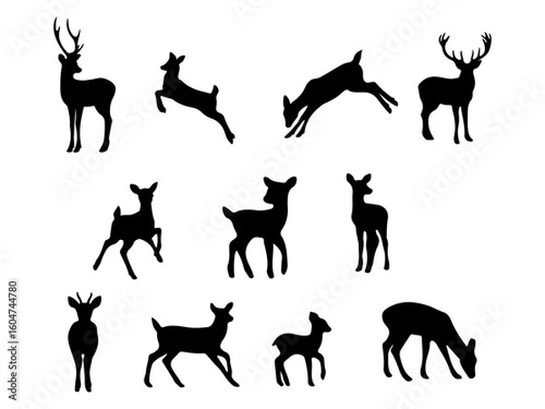 Obraz Collection of diverse deer silhouettes in various poses isolated on white background silhouette