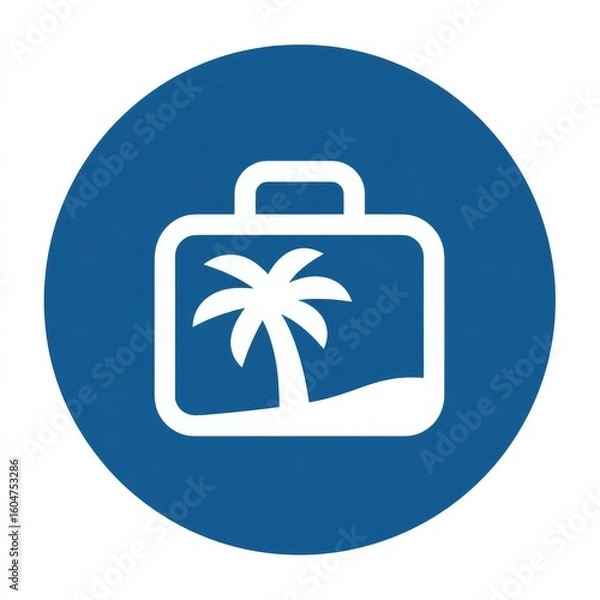 Obraz Blue Circular Icon White Suitcase with Palm Tree Graphic