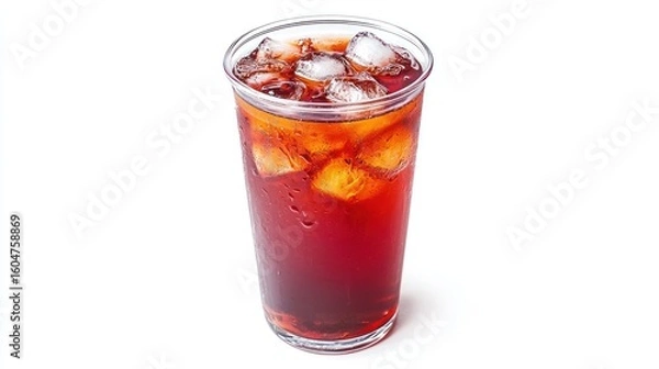 Fototapeta A glass of iced tea with ice cubes, placed on a white surface.
