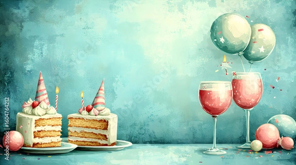 Fototapeta Two slices of cake with pink drinks and balloons on a teal background.