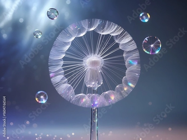 Obraz Glowing Dandelion with iridescent bubbles.