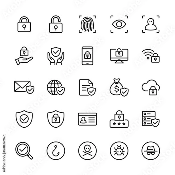 Fototapeta 線で構成されたシンプルなコンピュータセキュリティアイコンセット　ベクター素材	