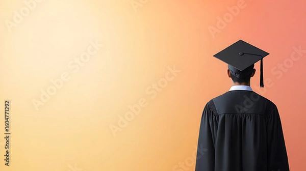 Fototapeta Graduate in cap and gown against a gradient background, symbolizing academic achievement and future aspirations. Celebrating education milestones.