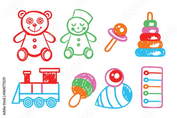 Fototapeta Playtime Treasures: A collection of delightful children's toys rendered in a cheerful, colorful illustration style, evoking a sense of fun and nostalgia. 