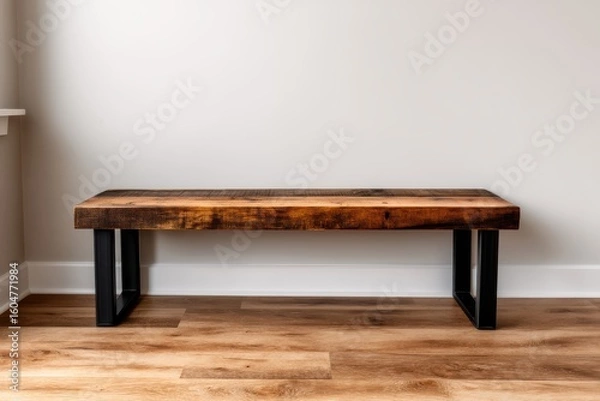 Fototapeta A rustic wooden bench with metal legs sits on a wooden floor against a plain white wall in a minimalist room