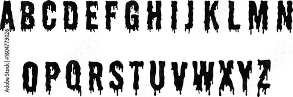 Obraz Dripping horror-style uppercase alphabet in bold black letters. Perfect for Halloween designs, spooky posters, or creepy digital graphics. Scary decorative font ideal for eerie creative projects.