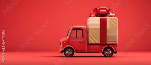 Fototapeta The cheerful red truck carrying a festive gift with a big bow.