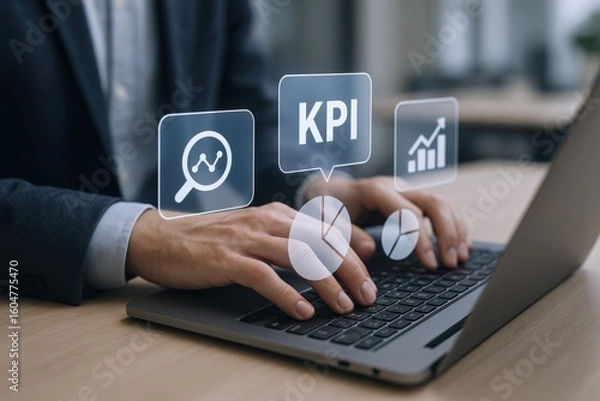 Fototapeta Business professional analyzing digital KPI metrics on a laptop in a modern office setting with futuristic data icons and growth charts