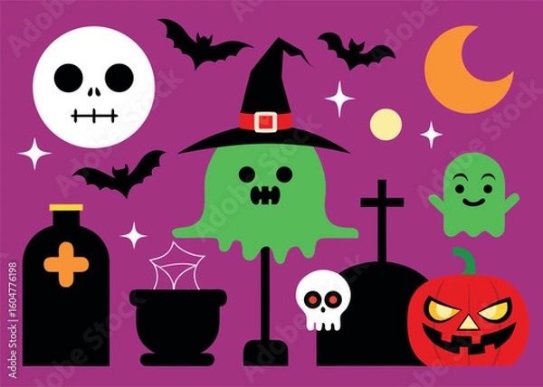 Fototapeta Flat Vector Halloween Illustration with an Elephant Character Featuring Traditional Halloween Elements and a Playful Modern Design Style