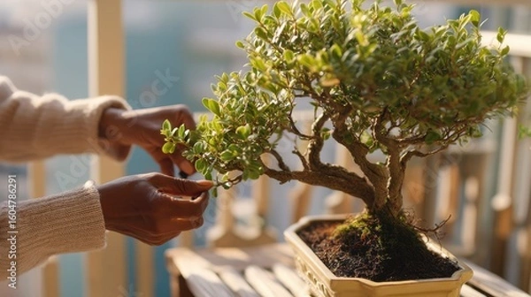 Fototapeta Person Pruning a Bonsai Tree on a Sunny Patio with a Cityscape Background