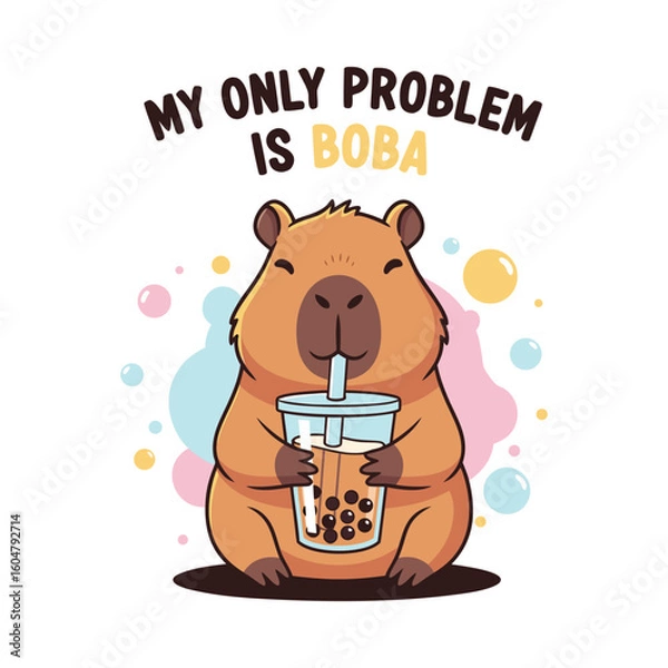 Fototapeta Cute capybara drinking boba vector illustration with text