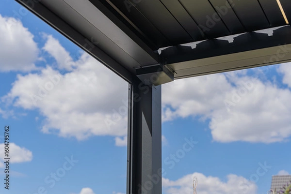 Fototapeta Zoom sur les finitions soignées d’une pergola gris anthracite installée par une entreprise spécialisée, mettant en valeur la qualité de la structure et des matériaux.