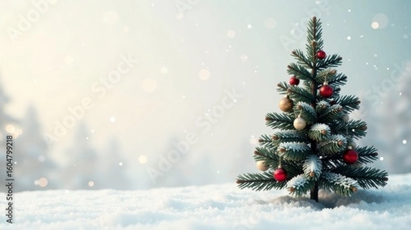 Fototapeta A Festive Miniature Evergreen Tree Adorned with Sparkling Ornaments Rests in a Blanket of Fresh Snow, a Serene Winter Wonderland Scene