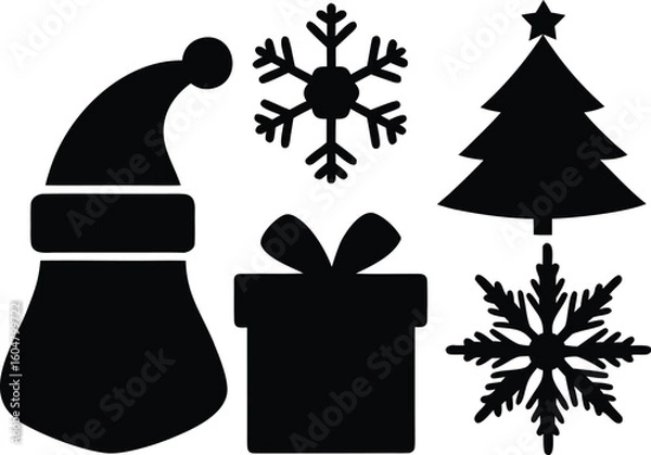 Obraz Christmas Silhouette Icon Set  Santa Hat, Gift Box, Snowflake & Tree Design.