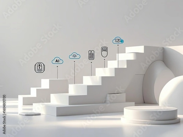 Obraz transformation roadmap for banking Modern tech icons on white abstract staircase.