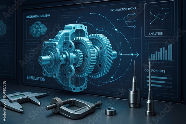 Fototapeta Mechanical gearbox engineering simulation and analysis gears