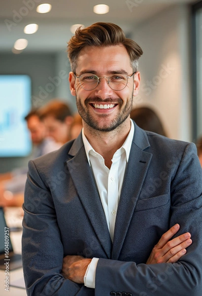 Fototapeta Confident businessman smiling in modern office meeting room