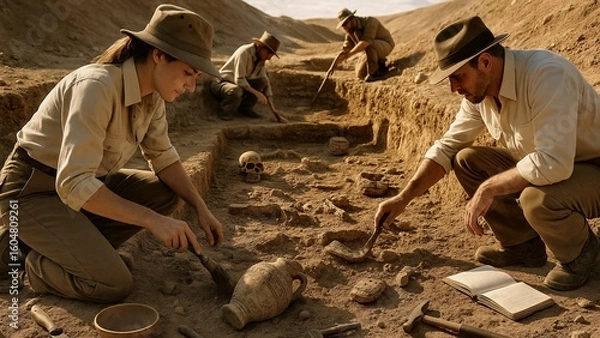 Fototapeta Group of archaeologists carefully excavating an ancient burial site, uncovering a human skeleton and various artifacts, meticulously documenting their findings