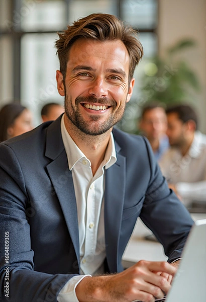 Fototapeta Confident businessman smiling in modern office meeting room