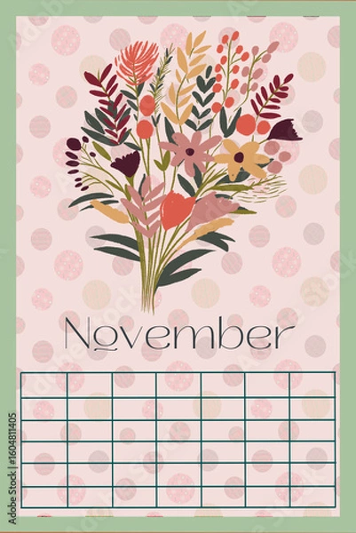 Obraz Vertical Perpetual Calendar Template with Exclusive Illustration - 11x16.5 inches Undated Monthly Layout