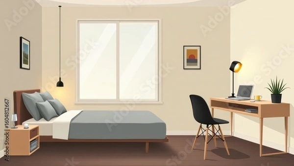 Fototapeta A bedroom interior scene with a bedside table, bed, and a corner desk.
