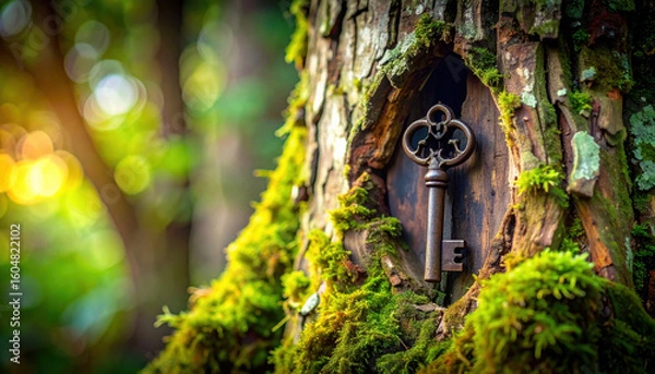 Fototapeta Key Hidden in a Tree Trunk Surrounded by Lush Greenery