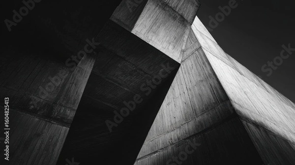 Fototapeta Black-and-white low angle shot of brutalist concrete structure building. High contrast, dramatic lighting and shadows.