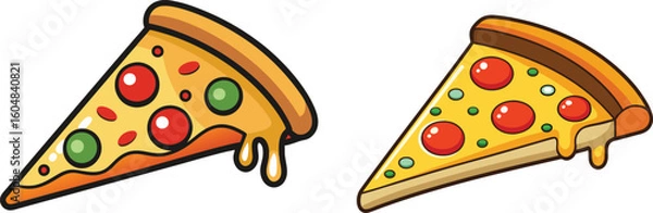 Fototapeta Two Cartoon Pizza Slices Topped with Pepperoni and Peppers Drizzled with Melted Cheese