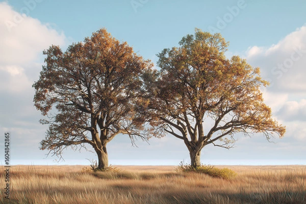Fototapeta Serene Landscape Featuring Two Trees Rising Amidst a Grassy Field
