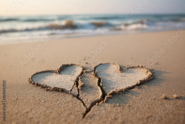 Fototapeta Two Connected Hearts Drawn on the Sandy Beach at Sunset